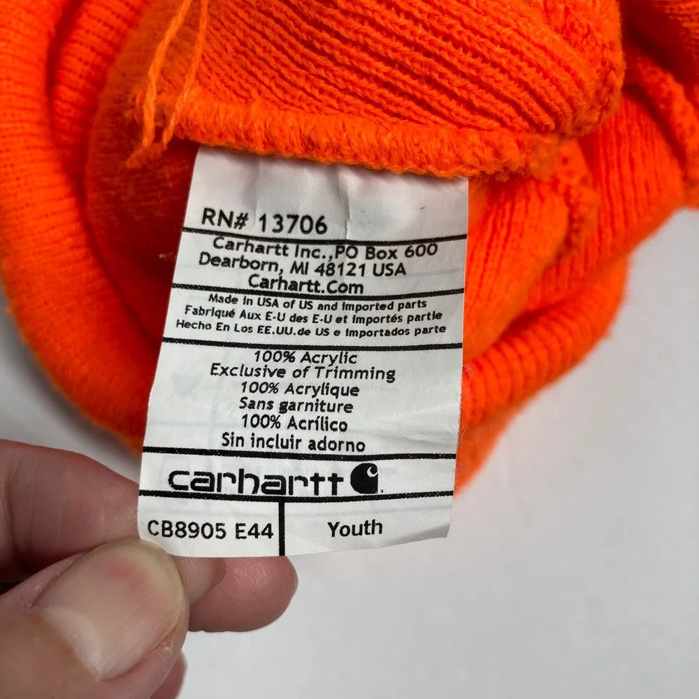 Carhartt Beanie Cap Hat YOUTH Blaze Orange Acrylic Knit Watch Winter Outdoors